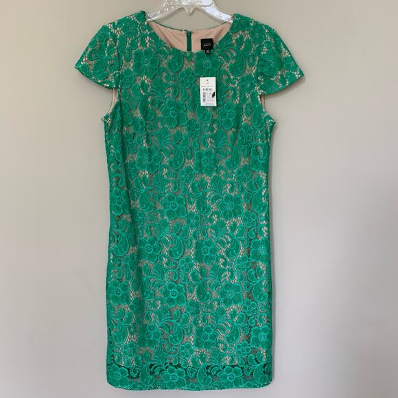 Saks Fifth Avenue Dresses & Skirts - Saks Fifth Ave Black Label midi dress cap sleeve green lace beige lining size 12